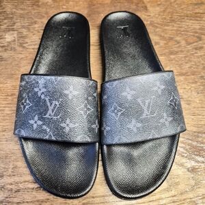 Louis Vuitton Black and Gray Monogram Slides